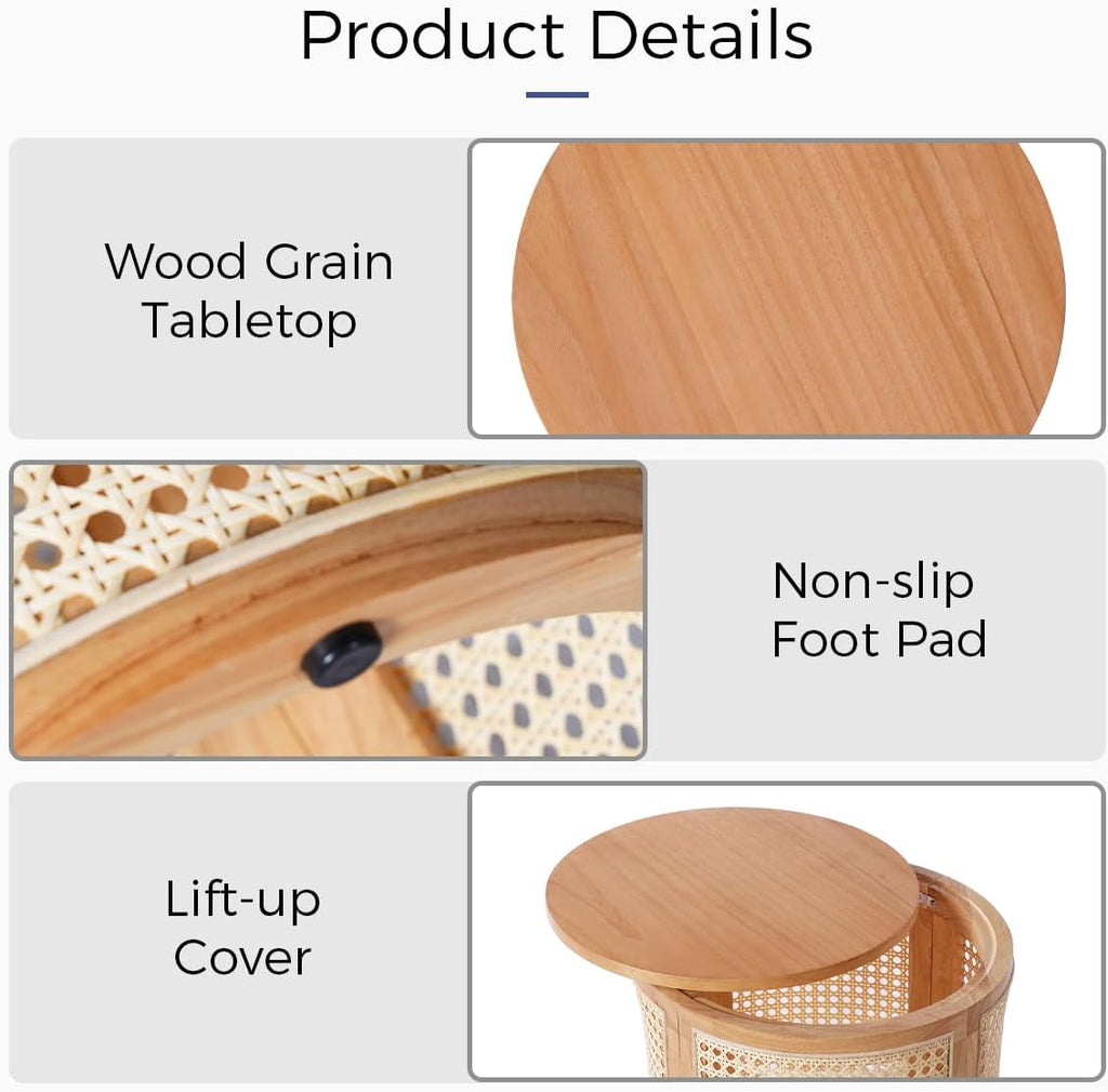 Hollow Woven Rattan Side Table, Round End Table for Living Room, Coffee Table for Small Space, Easy Assembly (Natural)