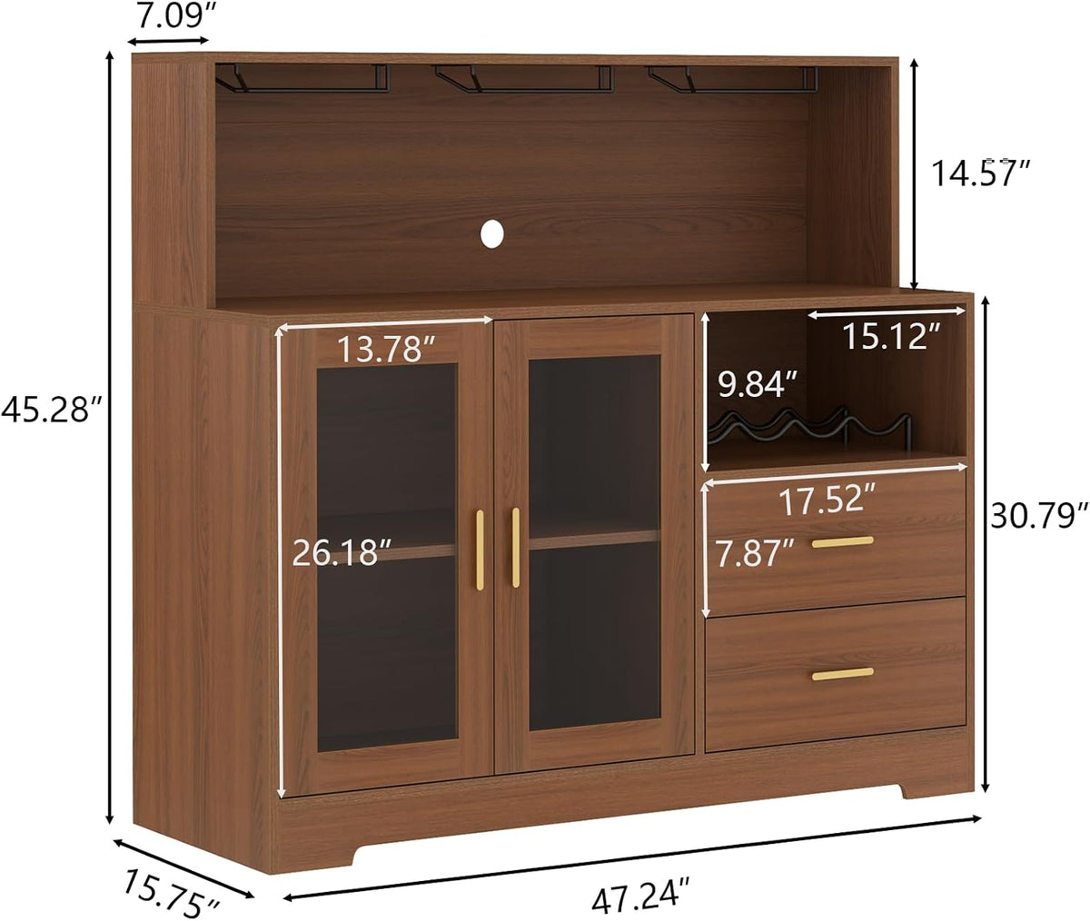 Bar Cabinet for Home with LED Light,Coffee Bar Cabinet w/ Wine & Glass Rack | Kitchen Buffet Sideboard with Storage Cabinet&Drawers, Modern Liquor Cabinet for Living Room Dining Room (Brown)