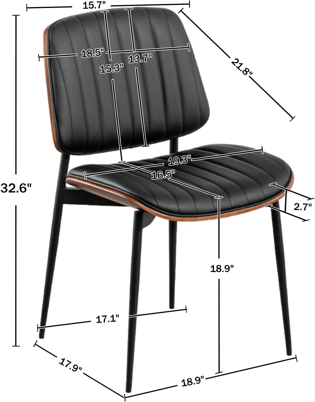LUNLING Dining Chairs Set of 2 Mid Century Modern Retro Faux Leather Chair with Walnut Bentwood Upholstered Seat Metal Legs Chairs,Adjustable Foot for Kitchen Dining Room Chairs(Black)
