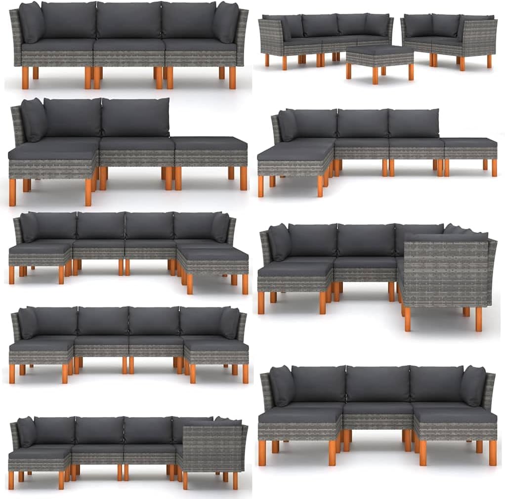 vidaXL Outdoor Footstool - Gray Poly Rattan and Solid Eucalyptus - Steel Frame with Removable and Washable Cushion Cover