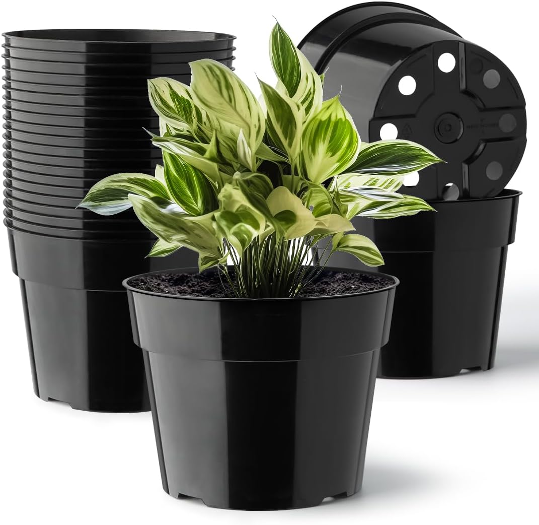 20 Pack Plant Pots, 6 Inch Plastic Plant Planter with Saucers and Mesh Mats, Durable Flower Pots with Drainage Holes Perfect for Indoor Outdoor, Black
