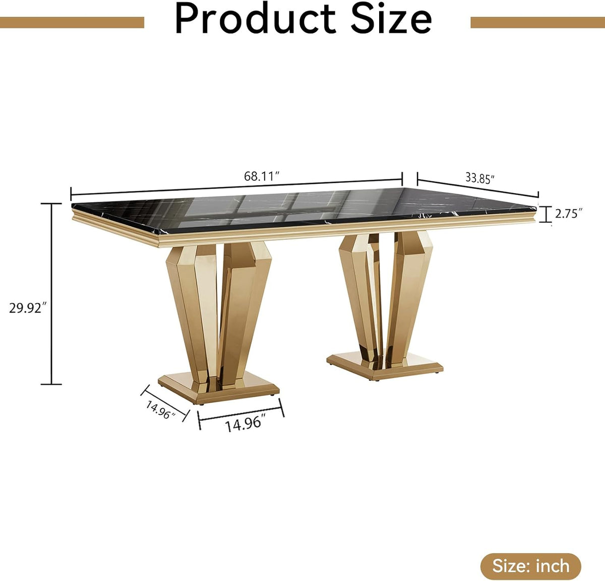 Luxury Marble Dining Table for 4 to 6, 68 inch Black Faux Marble Dining Table with Gold Stainless Steel Diamond Shaped Base, Modern Rectangle Kitchen Dining Room Table for Family Dinner Party