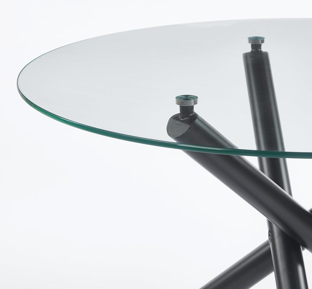 Modern Dining Room Table for 4 People, 36" Round Dining Table with Black Chrome Metal X-Base, Circle Tempered Glass Dining Room Tables, Small Dining Table Kitchen Tables Dinner Tables