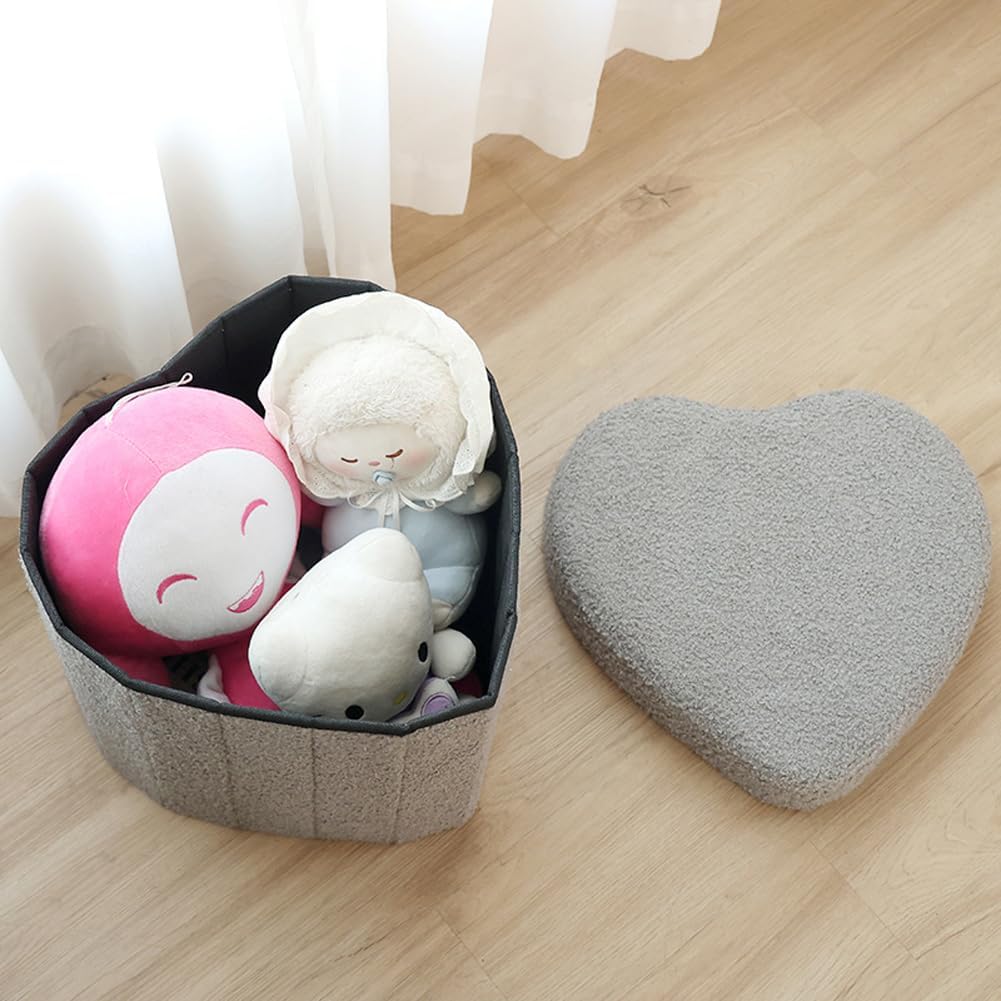 Upholstered Ottoman with Storage,Heart Shaped Foot Stool Collapsible Footrest for Living Room Bedroom,Fluffy Plush Padded Seat Soft Ottoman Box with Lid (Khaki)