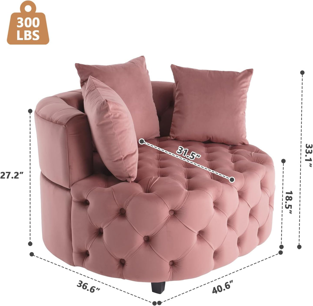 mikibama Oversized Accent Barrel Chair, 40.6" W Velvet Upholstered Round Chair with Pillows, Rubber Wood Legs Modern Lounge Reading Sofa Armchair for Living Room, Bedroom