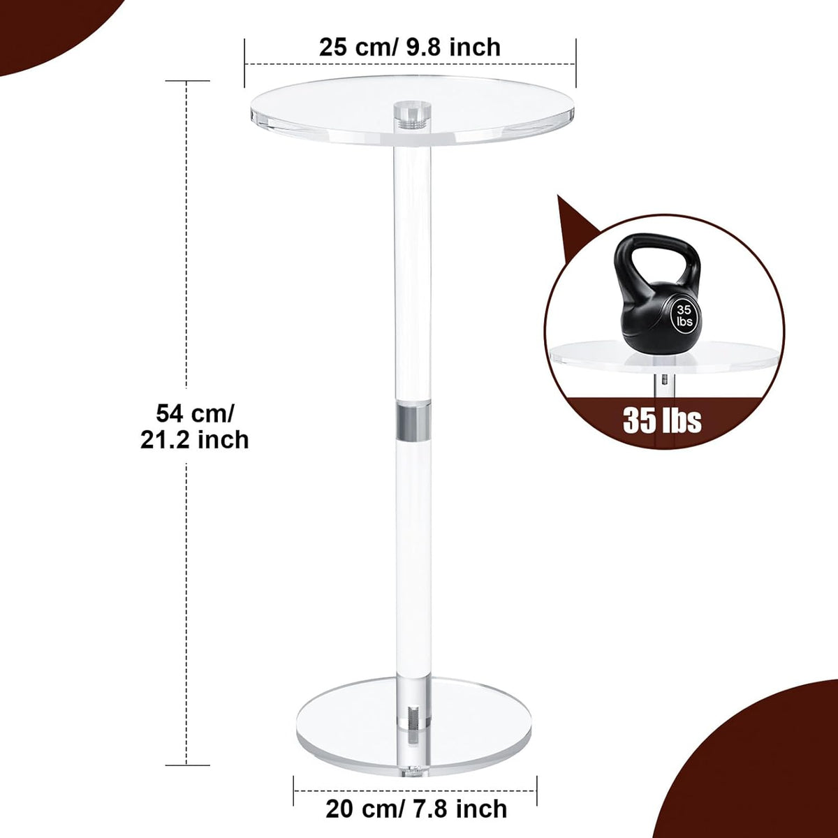 9.8" Round Clear Acrylic End Table - Modern Small Space Side Table for Living Room, Bedroom, Office, Outdoor | Sturdy, Easy to Install, Multi-Purpose