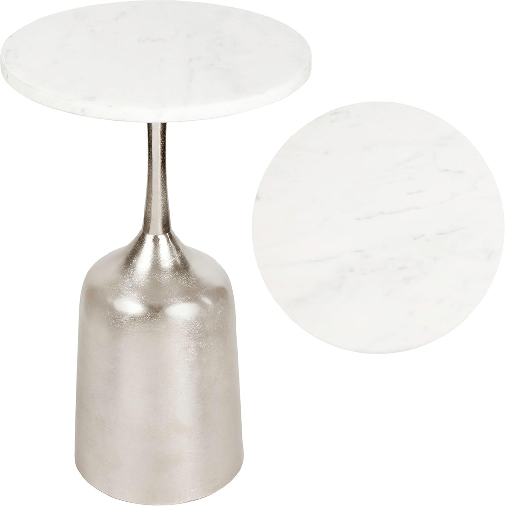 Eyely DNE4002A Noa 20.25" Classic Designer Metal Drink Table and Decorative End Table w/White Marble Round Top and Bell Pedestal Base for Living Room, Bedroom, Antique Nickel