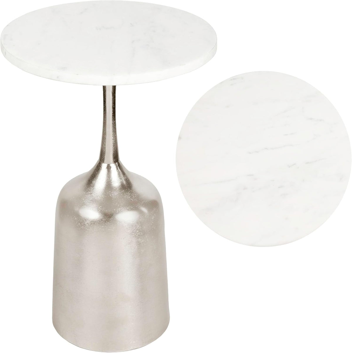 Eyely DNE4002A Noa 20.25" Classic Designer Metal Drink Table and Decorative End Table w/White Marble Round Top and Bell Pedestal Base for Living Room, Bedroom, Antique Nickel