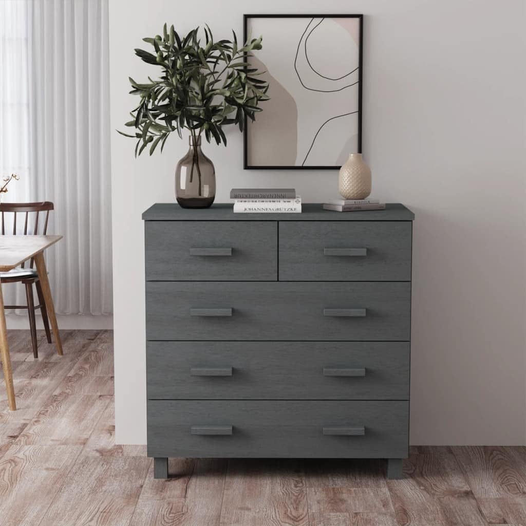Dark Grey Solid Pine Wood Medium Sideboard with 5 Drawers, Modern Storage Cabinet for Living Room Dining Area Hallway, Sturdy Construction Wall Mountable, Ample Storage Space