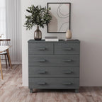 Dark Grey Solid Pine Wood Medium Sideboard with 5 Drawers, Modern Storage Cabinet for Living Room Dining Area Hallway, Sturdy Construction Wall Mountable, Ample Storage Space