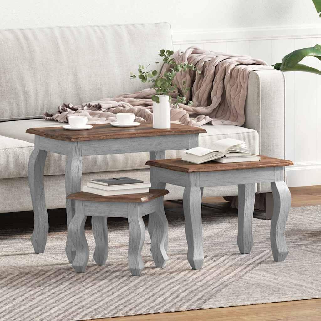Nesting Table Set 3 Pieces Solid Mahogany Wood | Handmade Vintage Style, Antique Look, Space Saving, Unique Color Variation
