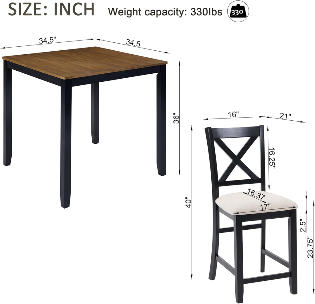 KEIKI 5-Piece Standard Height Dining Table Set with Square Table and 4 X-Shaped Backrest Upholstered Chair, for 4 Person, Modern Wooden Table Set, Easy Assembly, for Kitchen, Dining Room, Black+Oak