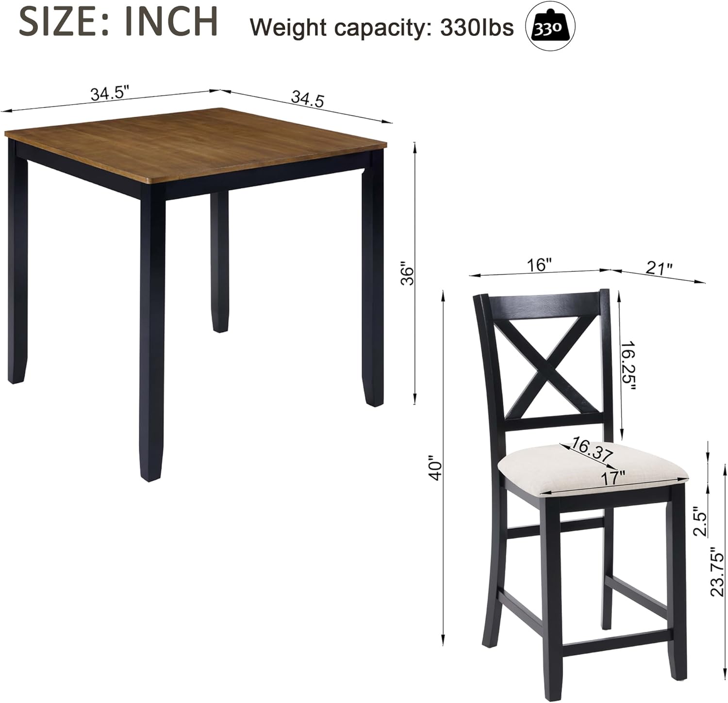 KEIKI 5-Piece Standard Height Dining Table Set with Square Table and 4 X-Shaped Backrest Upholstered Chair, for 4 Person, Modern Wooden Table Set, Easy Assembly, for Kitchen, Dining Room, Black+Oak