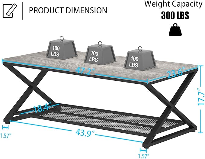 LVB Gray Coffee Table, Farmhouse Wood Metal Center Table with Storage for Living Room, Industrial Wooden 2 Tier Rectangle Cocktail Tea Table with Mesh Shelf for Office Bedroom, 47 inch, Light Grey Oak