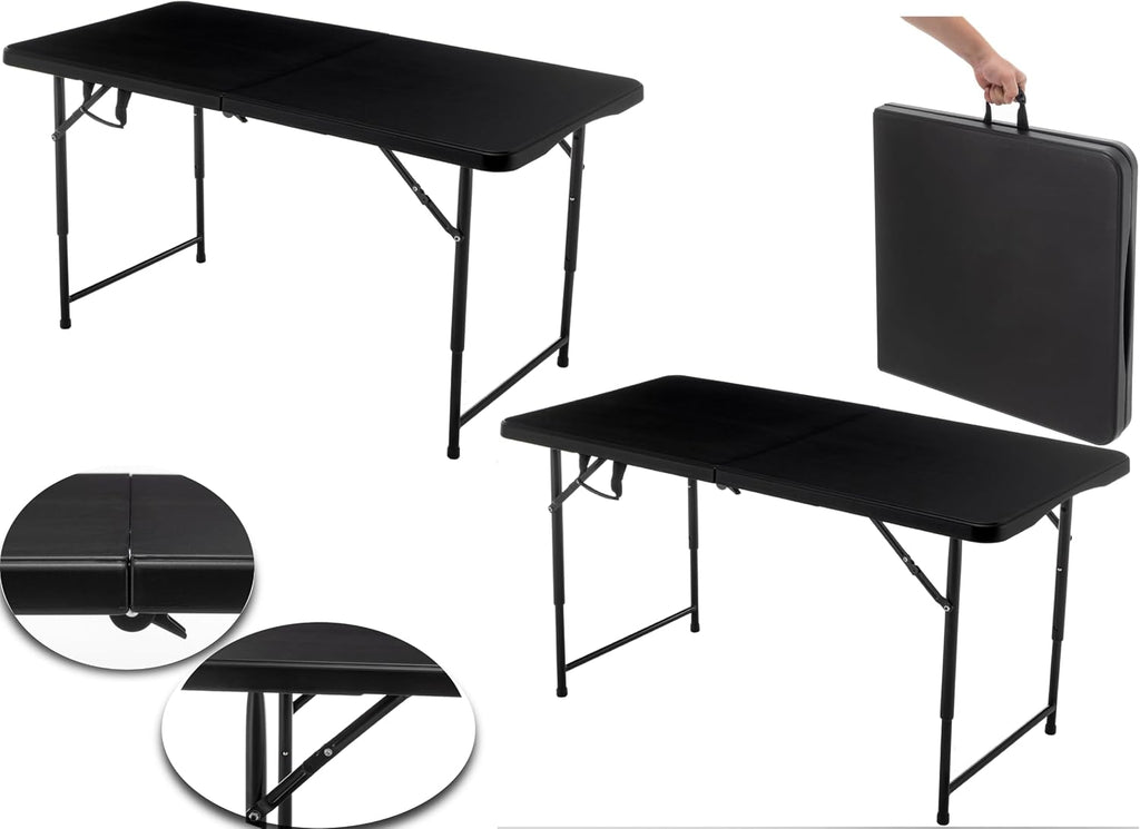 BTEXPERT 4 Foot Fold-in-Half Folding Utility Table, Height Adjustable Portable Plastic Table w/Carry Handles, Lightweight Commercial Grade Indoor Outdoor for Picnic, Camping, Office Home Party Black
