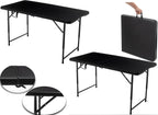 BTEXPERT 4 Foot Fold-in-Half Folding Utility Table, Height Adjustable Portable Plastic Table w/Carry Handles, Lightweight Commercial Grade Indoor Outdoor for Picnic, Camping, Office Home Party Black