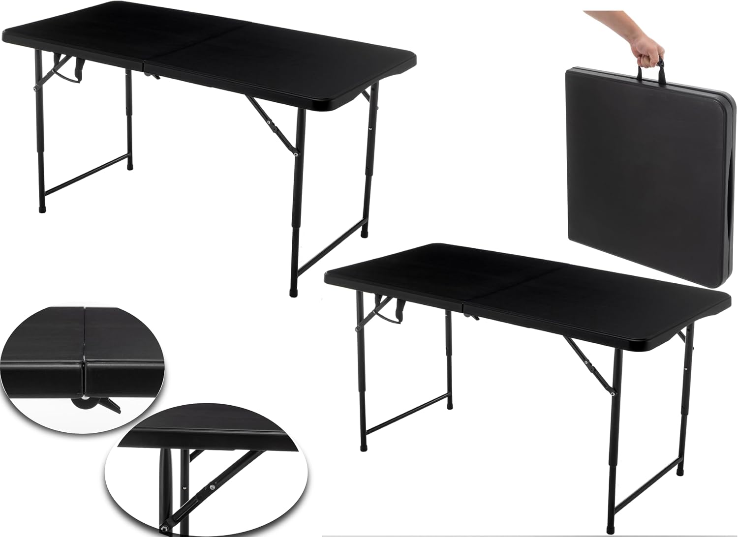BTEXPERT 4 Foot Fold-in-Half Folding Utility Table, Height Adjustable Portable Plastic Table w/Carry Handles, Lightweight Commercial Grade Indoor Outdoor for Picnic, Camping, Office Home Party Black