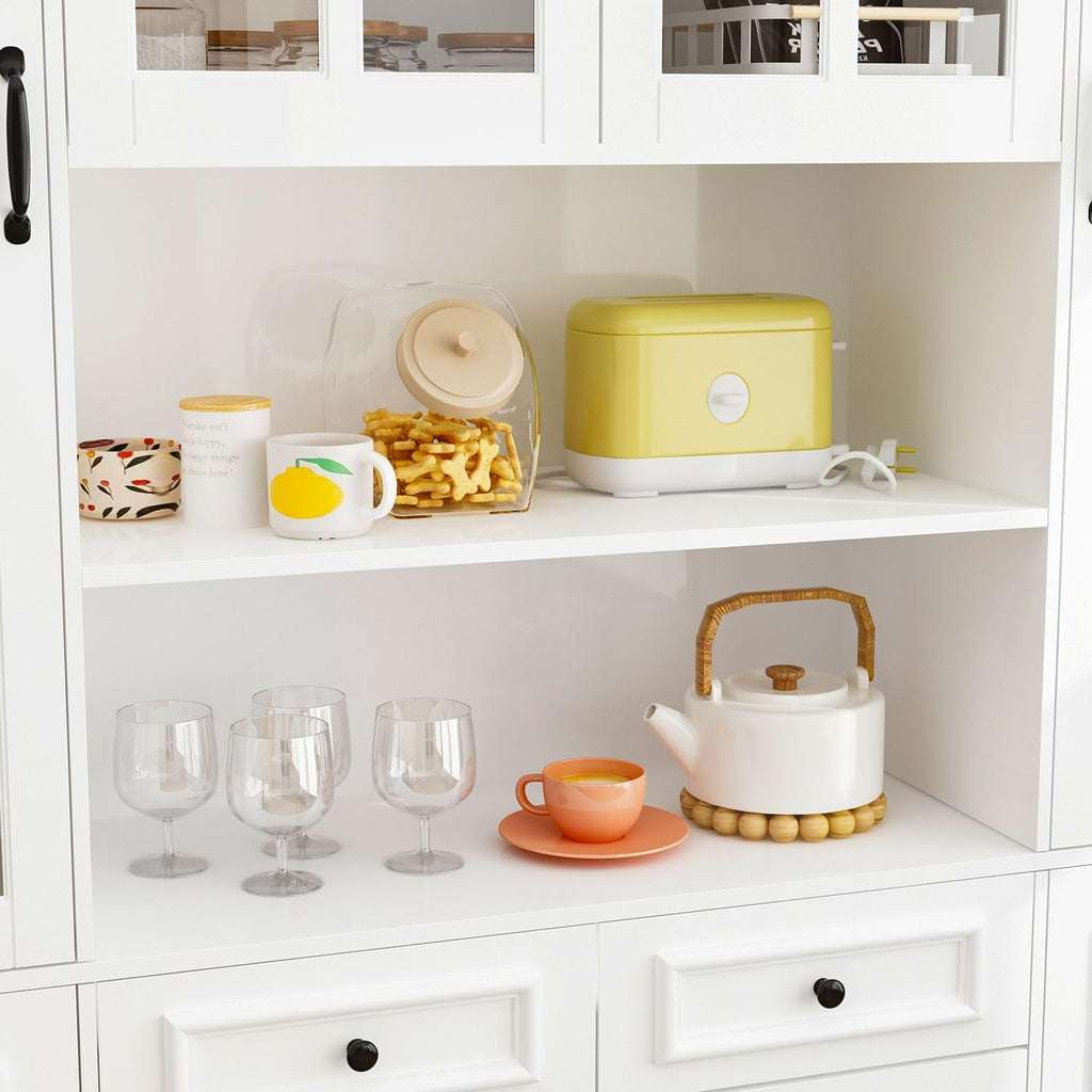 MOUMON Large Kitchen Hutch Storage Cabinet with Adjustable Shelves & Glass Doors, Pantry Organization and Kitchen Storage with Drawers, White (63”W x 15.7”D x 78.7”H)