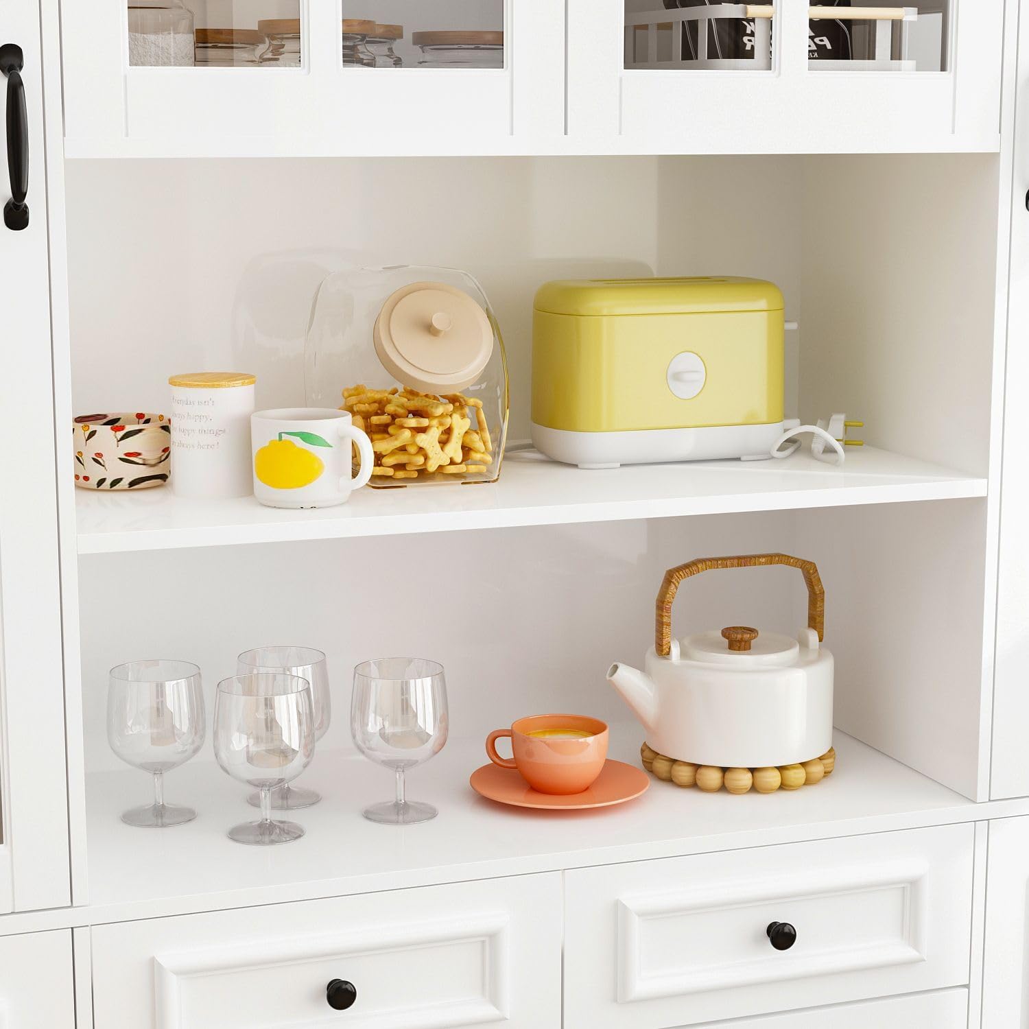 MOUMON Large Kitchen Hutch Storage Cabinet with Adjustable Shelves & Glass Doors, Pantry Organization and Kitchen Storage with Drawers, White (63”W x 15.7”D x 78.7”H)