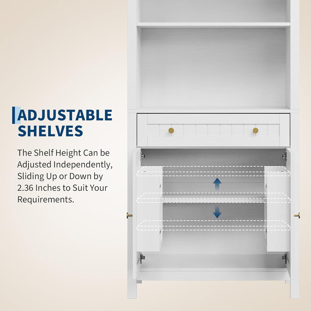 Modern Farmhouse Arched Pantry Cabinet 73" – Freestanding Tall Storage with Adjustable Shelves & Drawer – Accent Kitchen, Dining, Living or Bedroom Cupboard – Embossed White