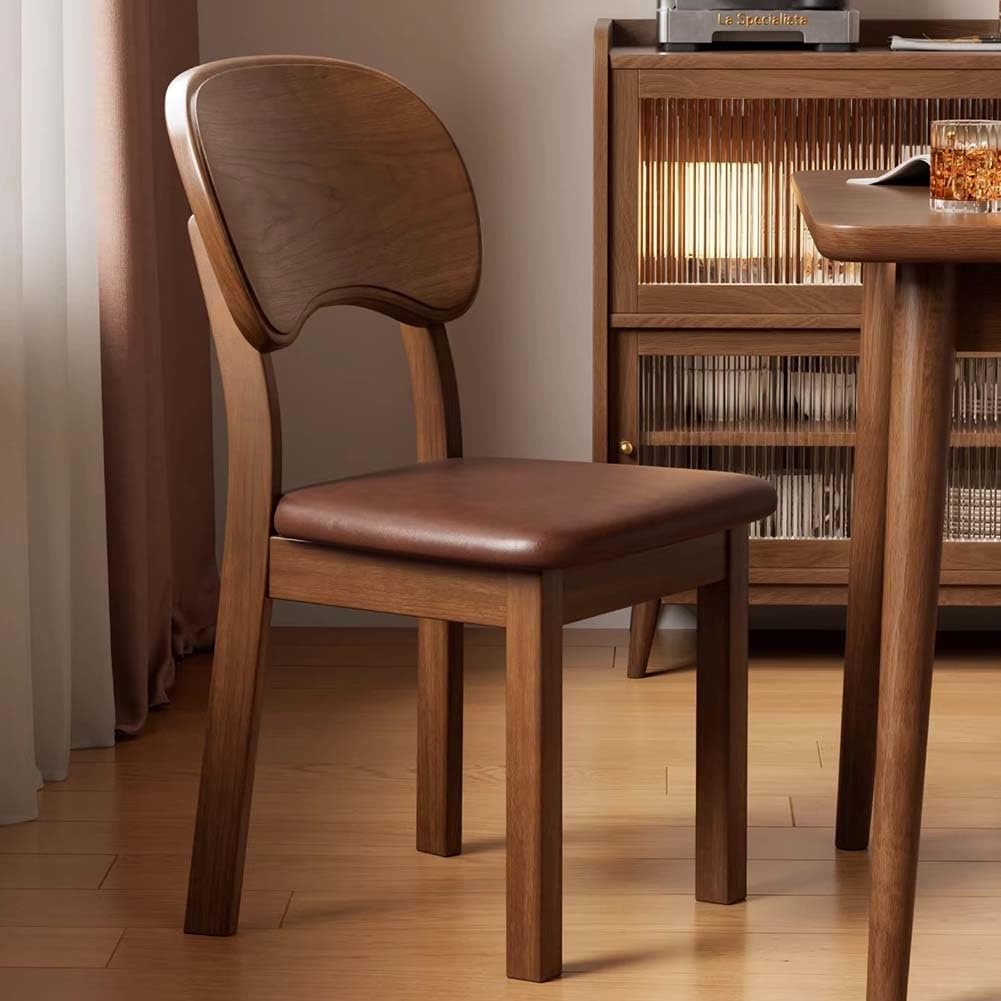 Etlegor Wood Dining Chair with Curved Backrest, Mid Century Modern Makeup Stool Upholstered PU Leather for Dining Room, Kitchen, Study Room, Office(Walnut-Brown,2PCS)