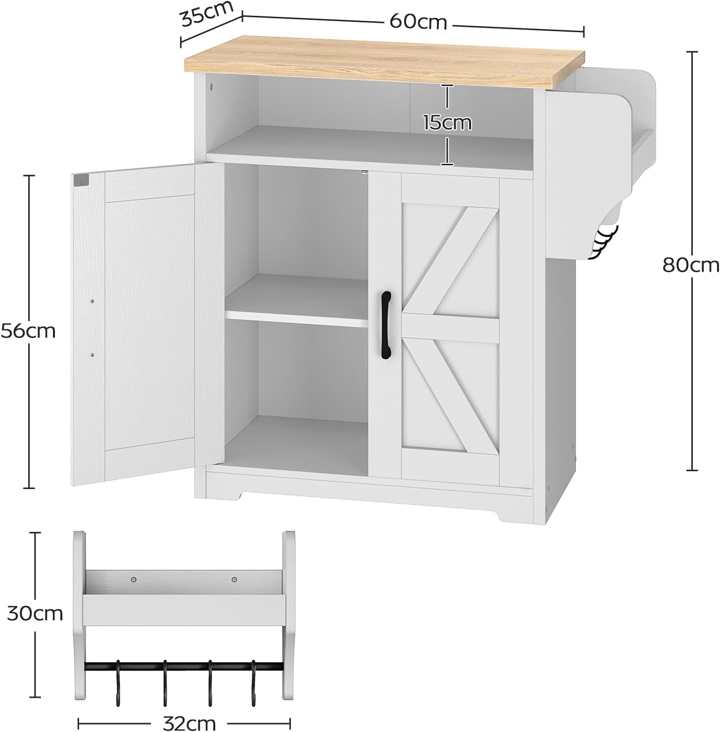 YATINEY Coffee Bar Cabinet, Kitchen Island with Storage, Farmhouse Sideboard Buffet Cabinet with Dual-Purpose Floating Shelf and Hooks, for Kitchen Living Room, White and Natural KF22WN