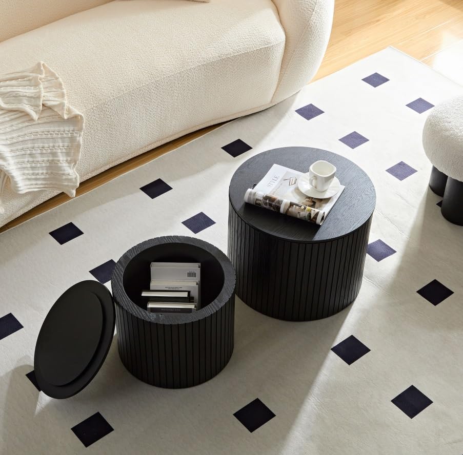 Nesting Coffee Table Set of 2,Modern Round Wooden Coffee Tables with Storage,Luxury Fluted Side Table Accent End Table for Small Space Living Room Apartment (19.17”)