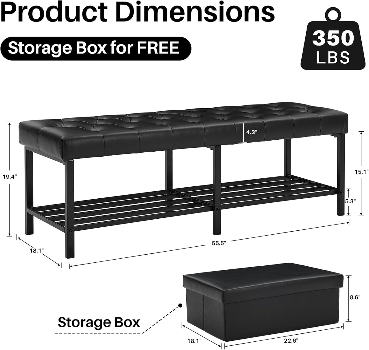 SOFTHION 55.5" End of Bed Bench, Faux Leather Entryway Bench, Black | Modern Leather Button Tufted Bedroom Bench, Upholstered Storage Shoe Bench with Metal Base for Living Room, Bedroom, Entryway