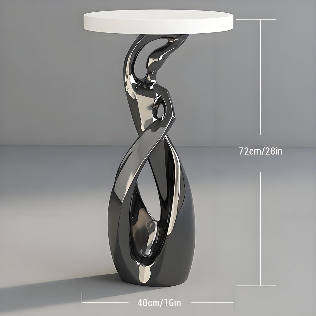 Resin Round End Table with Wood Top, Abstract Sculpture Side Table Modern Art Decor Accent Table for Living Room & Bedroom, Brown