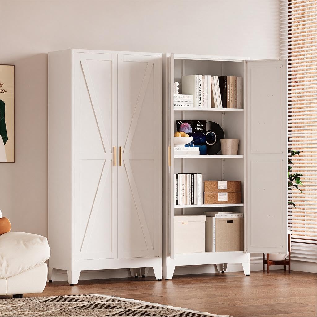 61" Tall Pantry Cabinet, White Metal Pantry Storage Cabinet | Metal Farmhouse Storage Cabinet,Kitchen Pantry Storage Cabinets with 2 Door and 3 Adjustable Shelves
