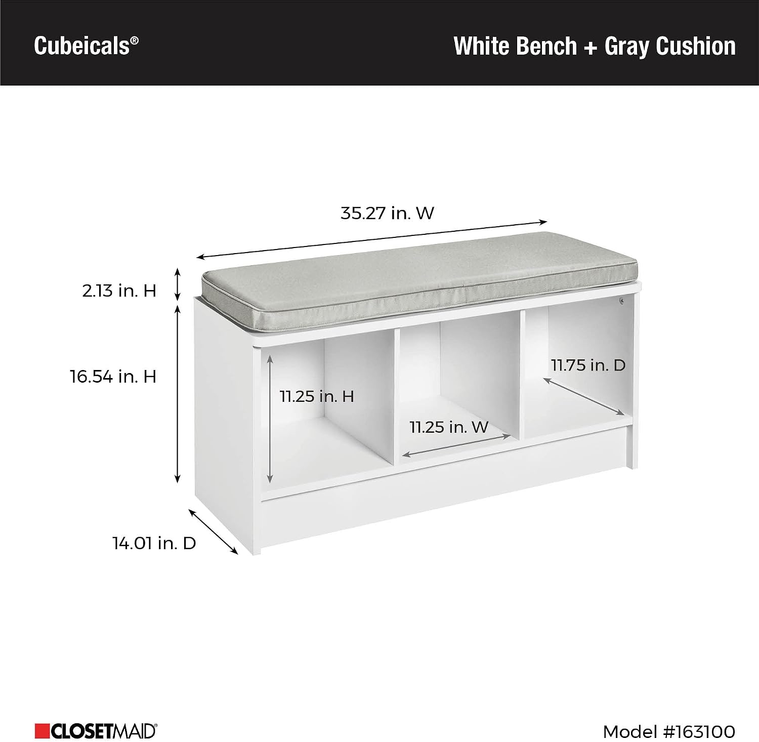 ClosetMaid 1631 Cubeicals 3-Cube Storage Bench, White with Gray Cushion