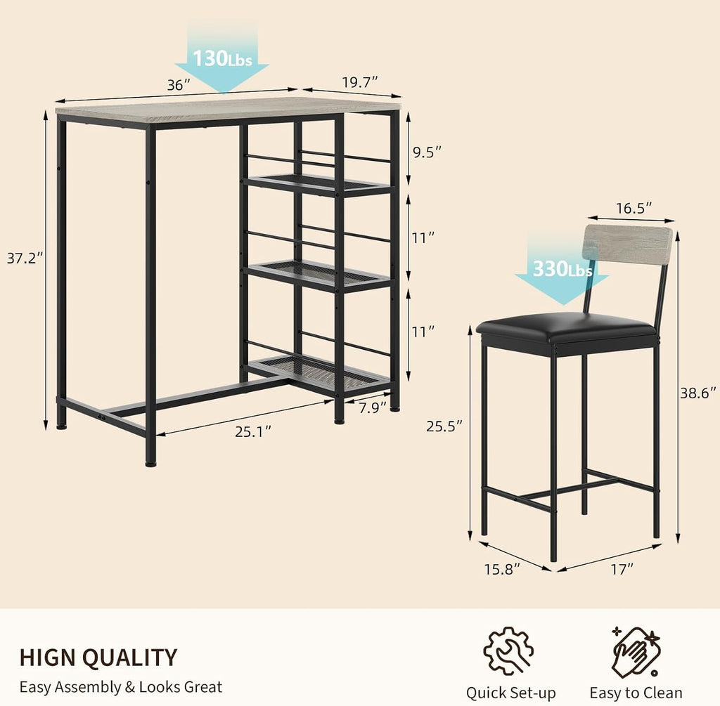 3-Piece Dining Table Set with Storage Shelves and 2 Upholstered Chairs, MDF & Iron Frame Small Kitchen Table for Apartment, Studio