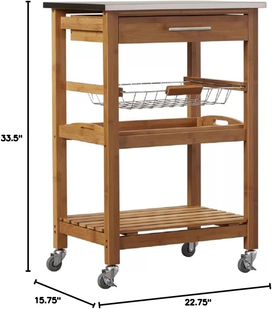Boraam Aya Bamboo Kitchen Cart with Stainless Steel Top