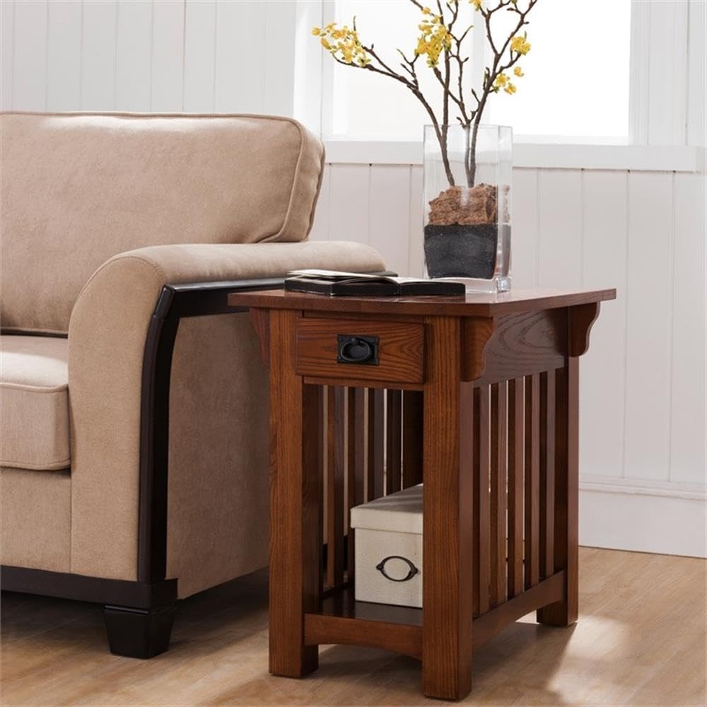 MAKLAINE Mission Oak Chairside Table, Solid Ash Wood with Medium Oak Finish, Slatted Elements, Storage Drawer and Shelf, 17" W x 25" D x 23" H, Living Room End Table