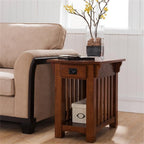 MAKLAINE Mission Oak Chairside Table, Solid Ash Wood with Medium Oak Finish, Slatted Elements, Storage Drawer and Shelf, 17" W x 25" D x 23" H, Living Room End Table