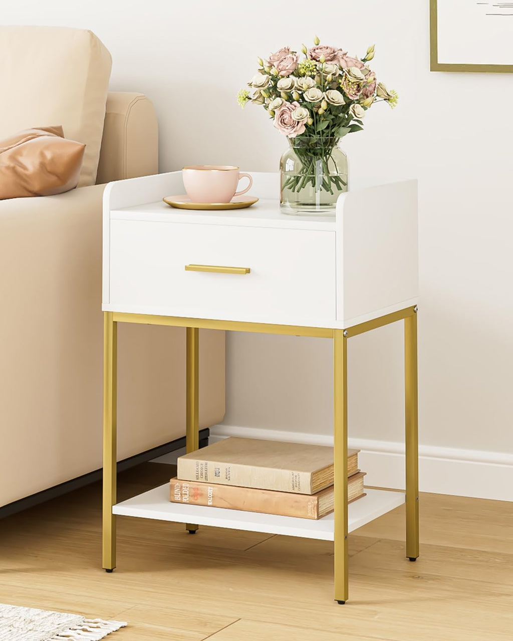 Nightstand,3-Tier Modern Night Stand,Bedside Table with Storage Drawer and Shelf,Small Side Table for Bedroom,Living Room,White