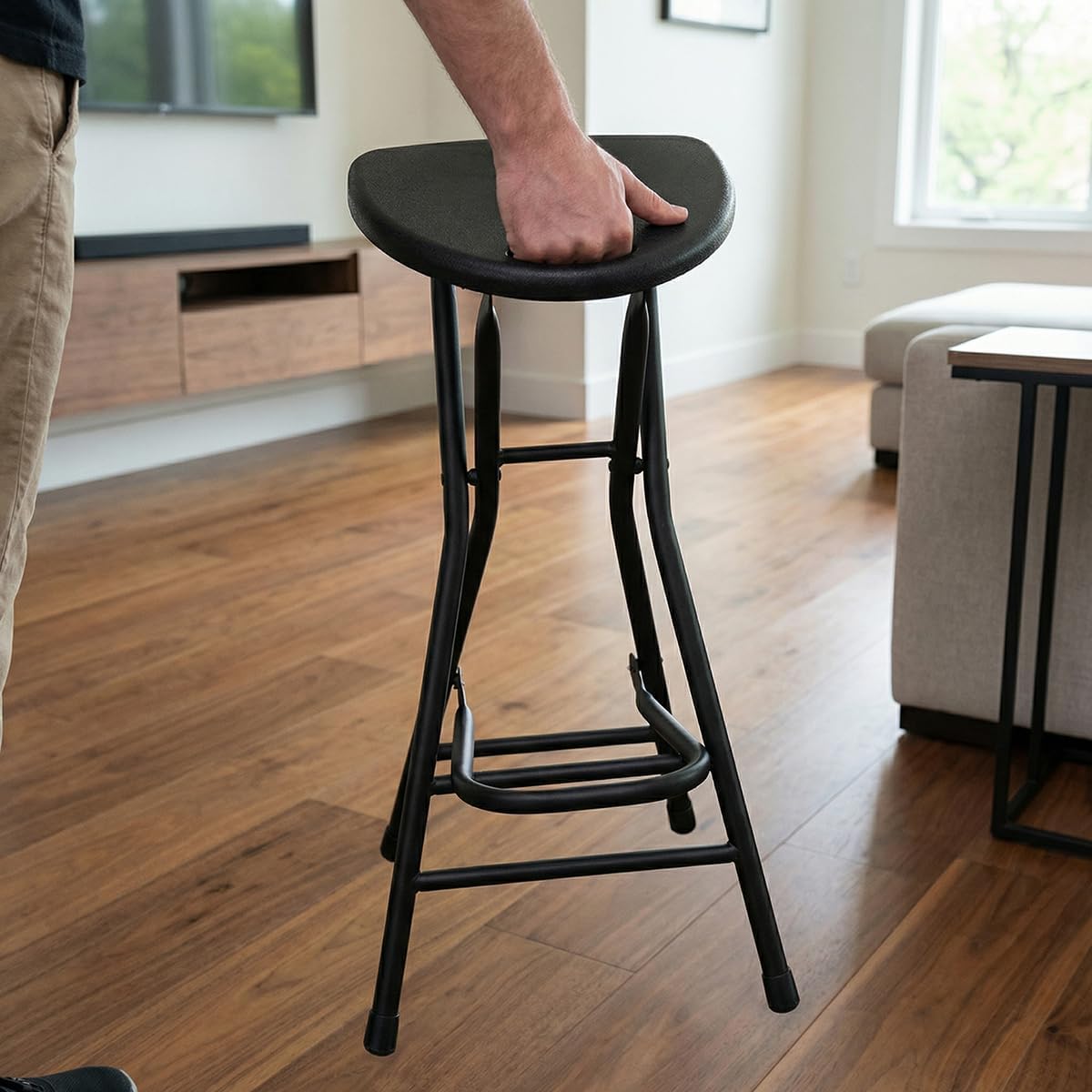 28 inch Black Bar Stool,Portable Stool for Adults Foldable Stools with Handle,Collapsible Heart-Shaped Folding Counter Height Stools Chair for Camping Kitchen,Loads 250 Lbs,1 Pack