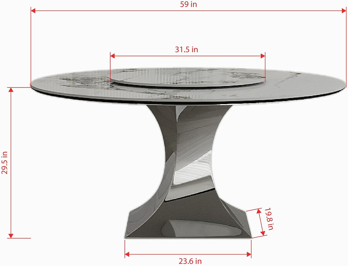 59" Round Sintered Stone Dining Table, Faux Marble Kitchen Table with Lazy Susan & Gray Stainless Steel Hourglass Base - Modern Luxury Dinner Table for 4-8 People, Scratch & Heat Resistant Surface
