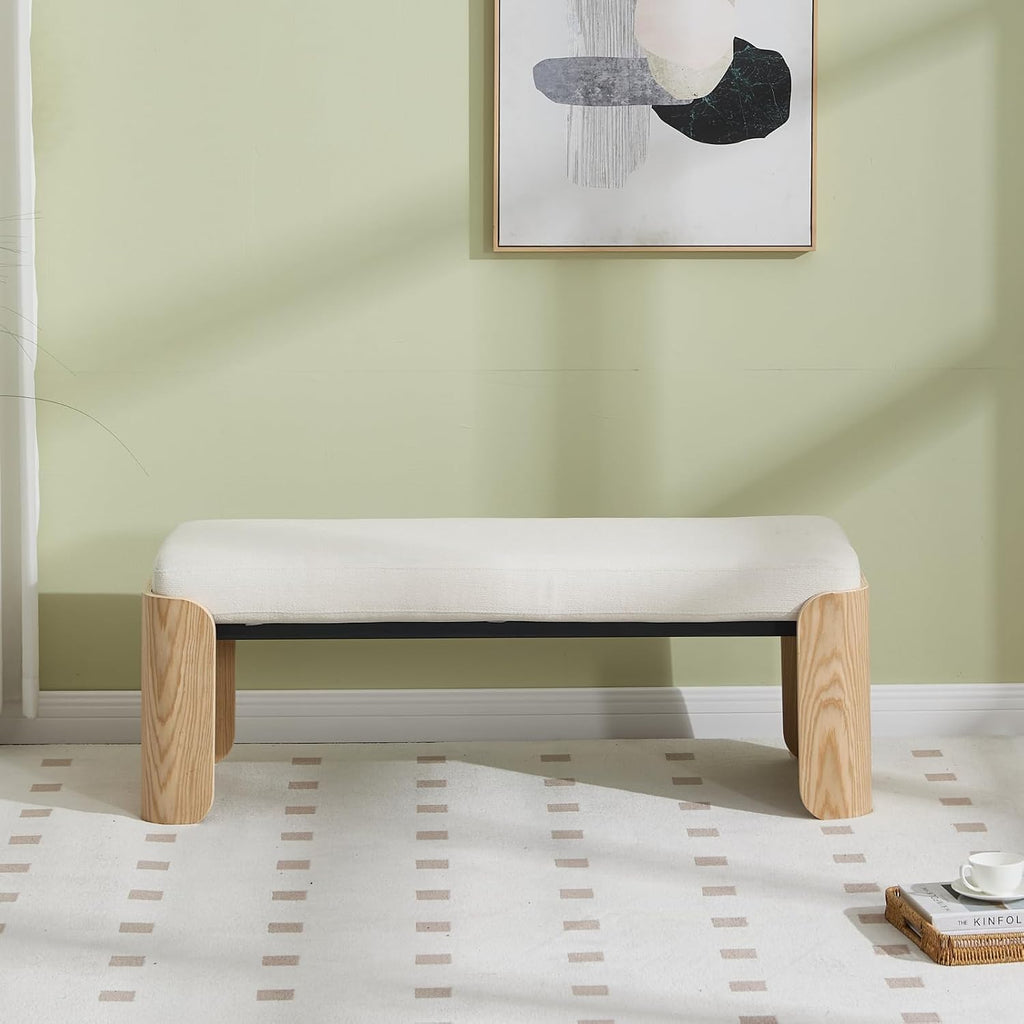 DUOMAY Modern White Chenille Bedroom Bench, 49" Wide Long Entryway Bench with Solid Wood Legs Upholstered Dining Bench Ottoman for Living Room Indoor