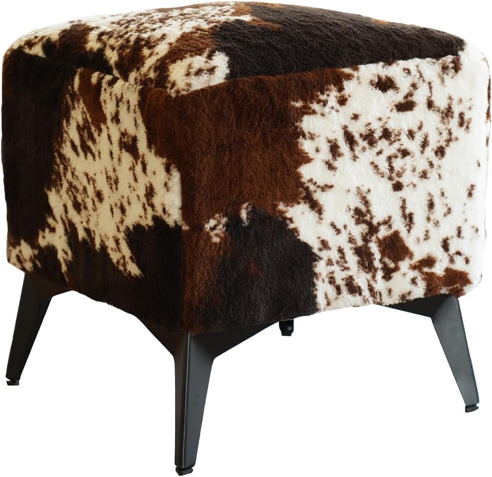 Tricolor Cow Print Ottoman, Faux Cowhide Footstool, Western Style | 16x16x17 Inch Cube Stool, Solid Metal Legs, Animal Print Ottoman, Farmhouse Decor for Living Room, Bedroom, Entryway