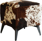 Tricolor Cow Print Ottoman, Faux Cowhide Footstool, Western Style | 16x16x17 Inch Cube Stool, Solid Metal Legs, Animal Print Ottoman, Farmhouse Decor for Living Room, Bedroom, Entryway