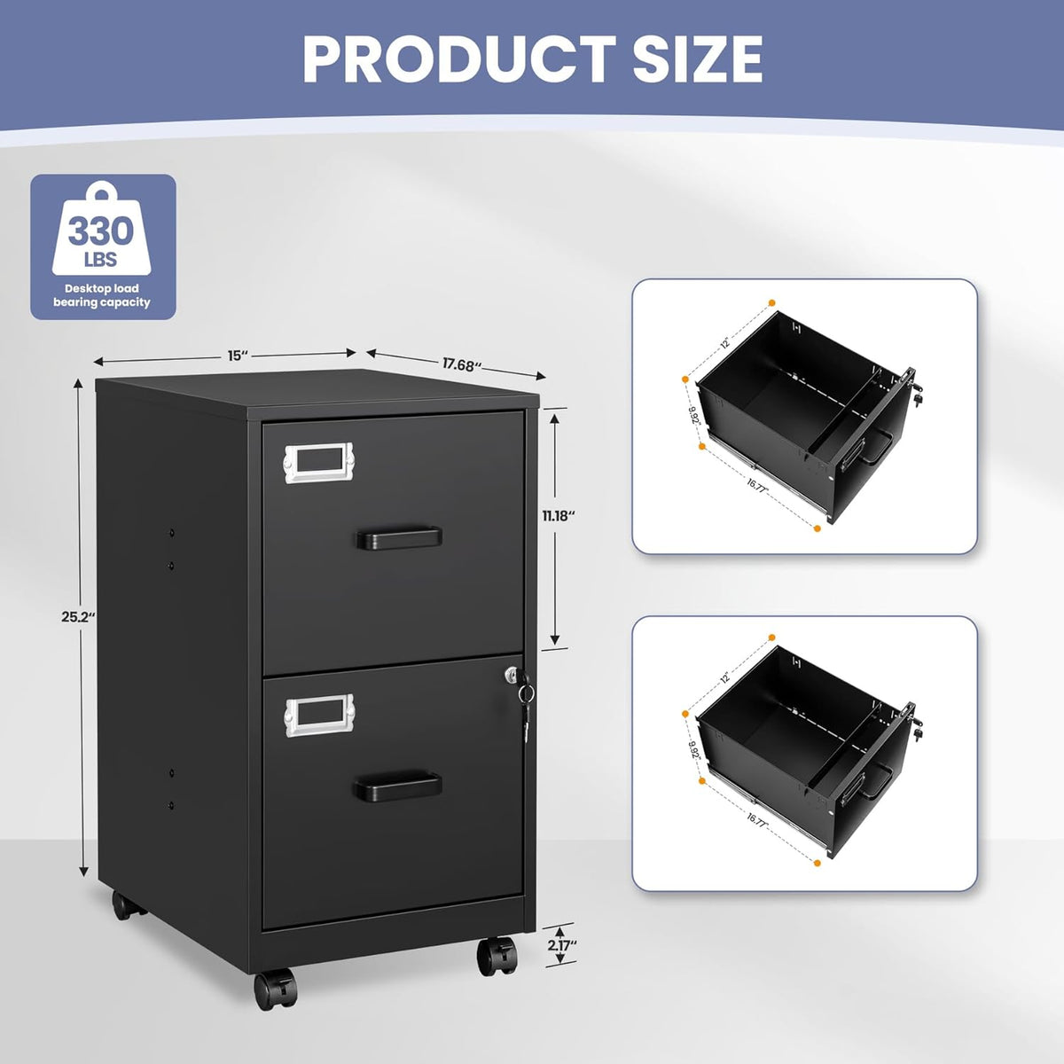 2-Drawer Rolling File Cabinet with Lock, Mobile Vertical File Cabinet for Hanging A4/Letter/Legal Size Folder, Under Desk Small Filing Cabinets for Home Office, Assembly Required,Black