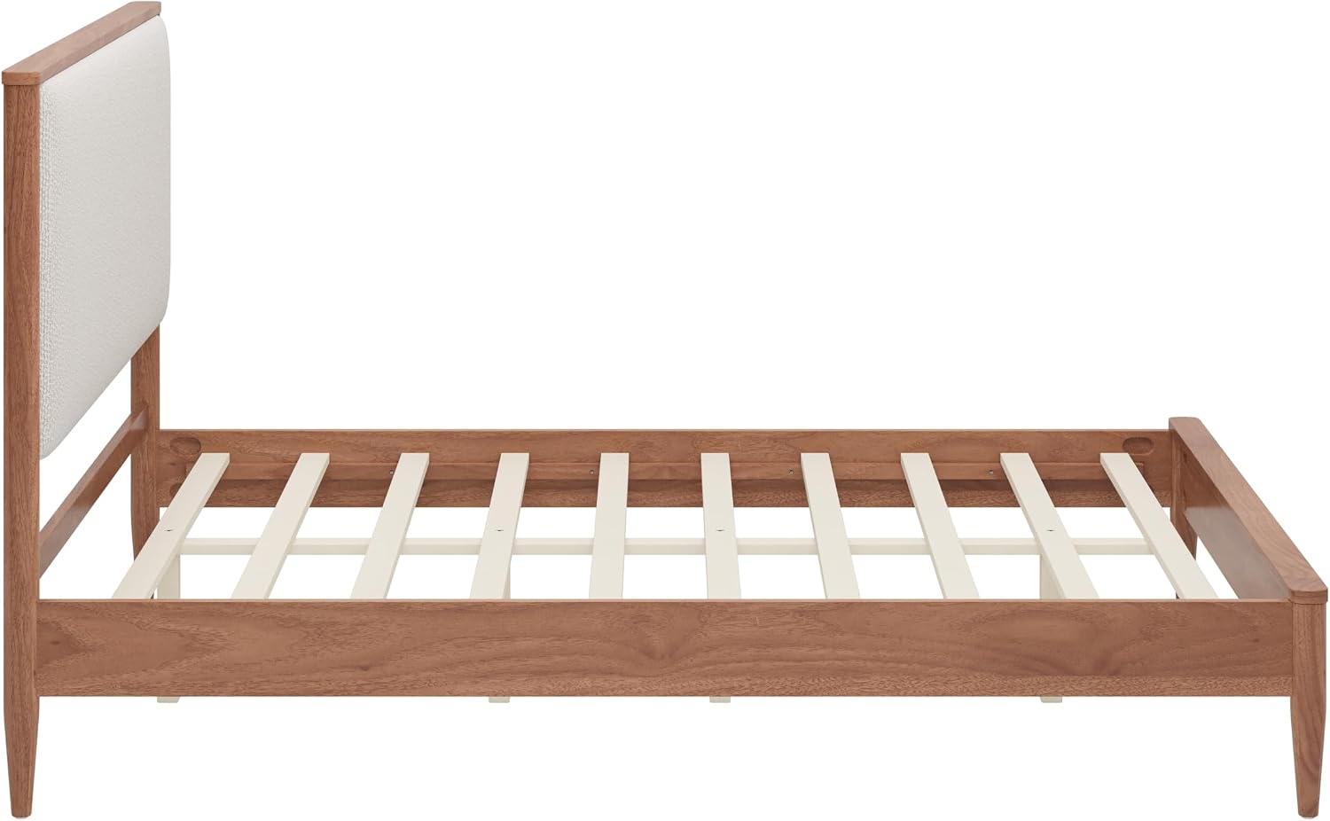 SOFTSEA Solid Wood Queen Bed Frame with Upholstered Headboard, Mid Century Modern Platform Bed Queen Size with Tapered Legs, Walnut