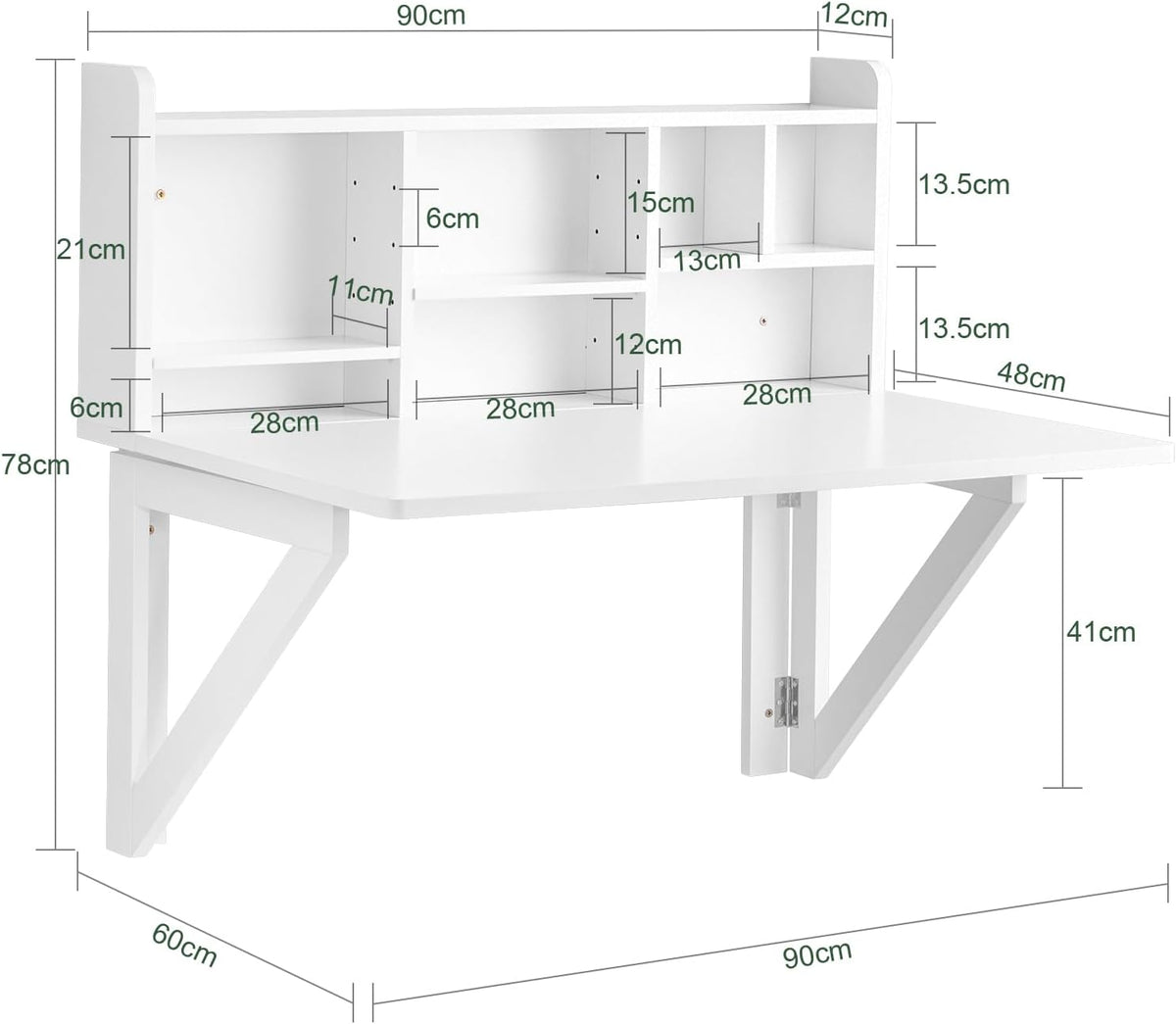 SoBuy Wall Mounted Folding Table | Floating Desk for Small Spaces, Fold Down Workstation Table with Adjustable Shelf for Home, Office, Bedroom, White