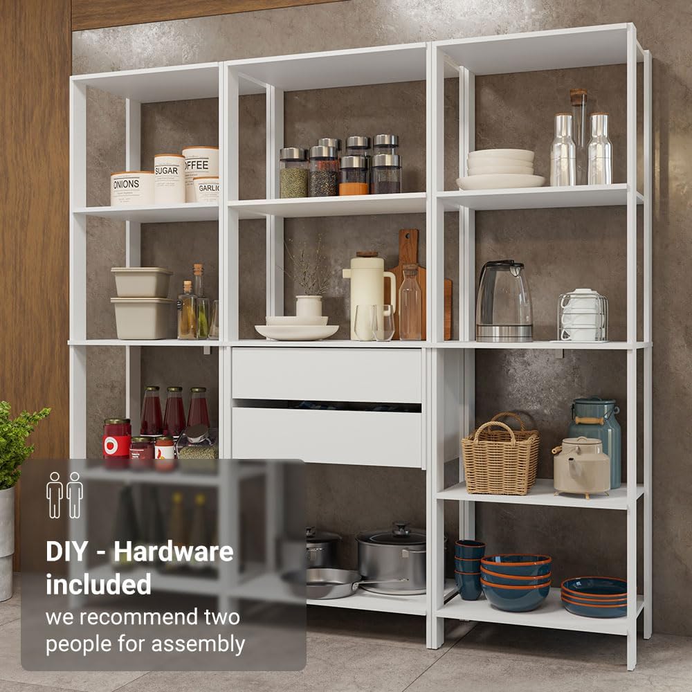 Madesa Kitchen Pantry Storage Rack with 2 Drawers and Open Shelves 74" L Multiuse Modular Cabinet for Kitchen Organization - White