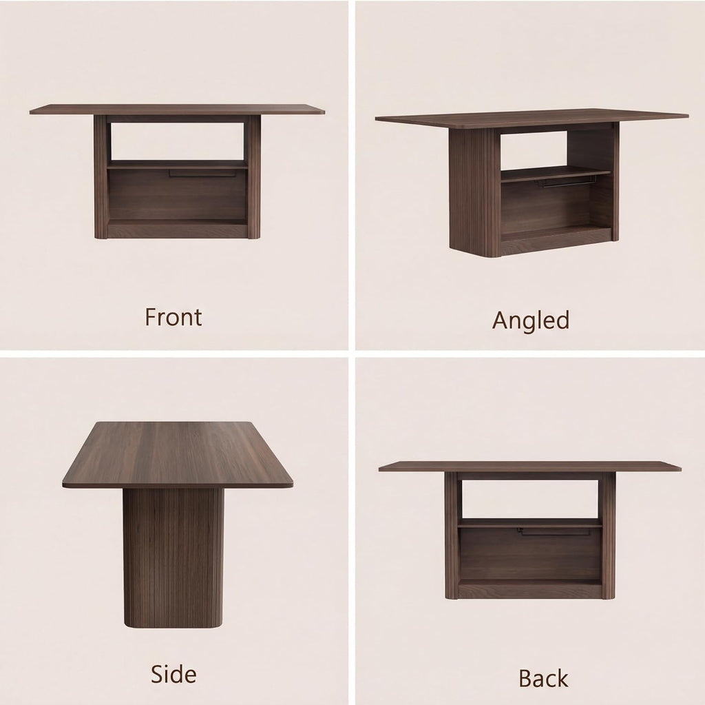 FUQARHY 63" Dining Table with Storage, Fluted Rectangular Kitchen Table for 6 with 2-Tier Storage Shelf, Farmhouse Wood Table (Walnut)