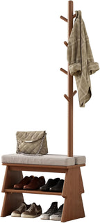 Coat Rack with Shoe Storage,Shoe Rack whit 8 Hook for Offices、Bedroom、Living Room,Small Shoe Bench,Walnut