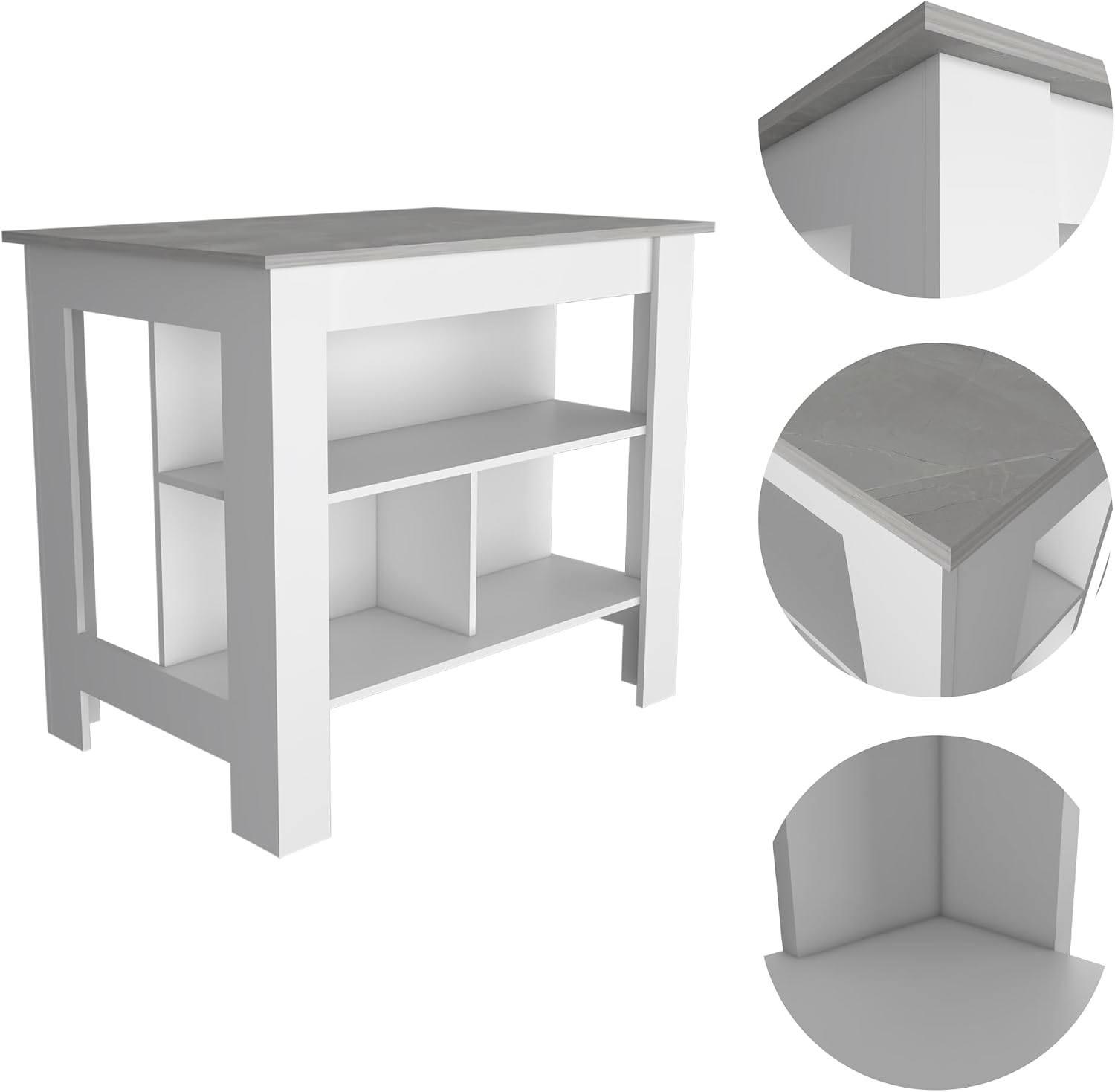 Kitchen Island with Four Legs and Three Shelves - White/Ibiza Marble | Three shelves and four legs provide ample storage and stability