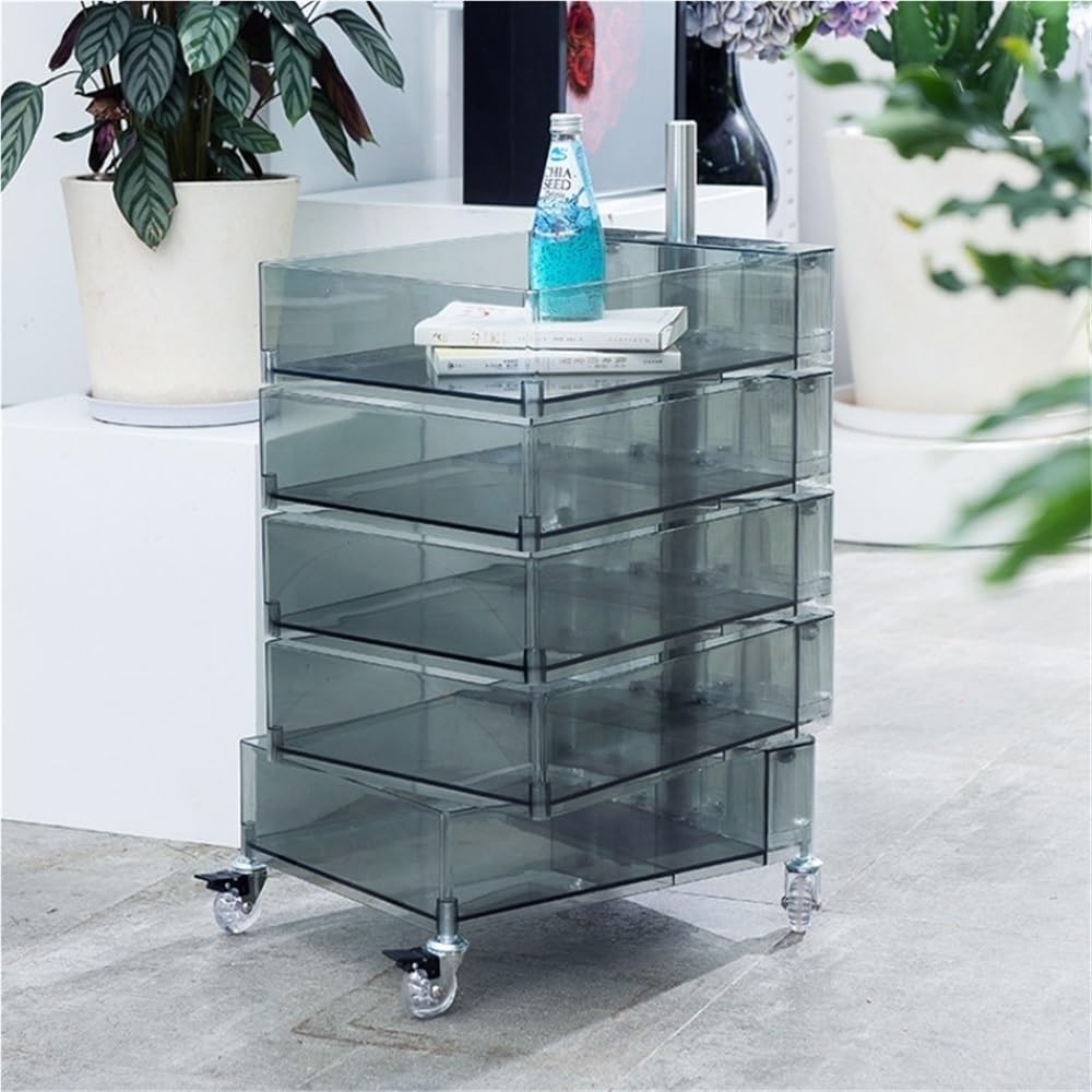 End Table with Storage and Wheels Plastic Side Cabinet Storage Cart Bedside Table Side Tables for Living Room Kitchen Long-Lasting(Clear)