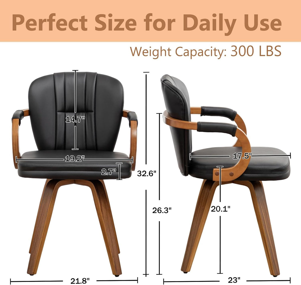 Swivel Dining Chairs Set of 4 Mid Century Modern Black Faux Leather Upholstered Kitchen Chairs with Bentwood Frame Armrests Side Chairs,Comfortable Ergonomic Wood Accent Chair No Wheels